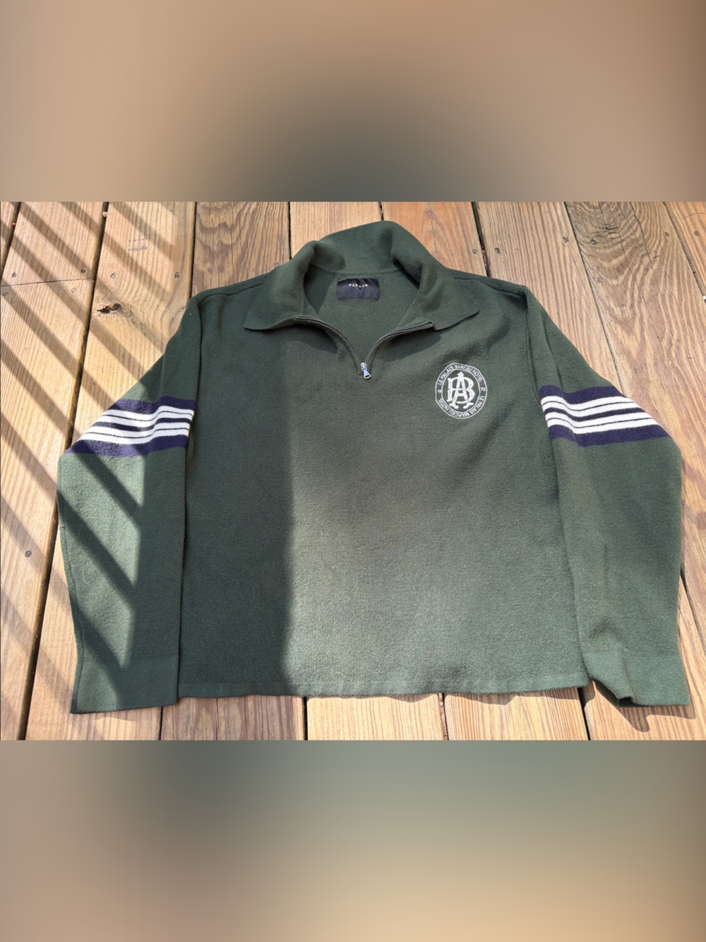 Men's pac sun Olive Green Quarter-Zip Sweater with Stripe Sleeve Detail